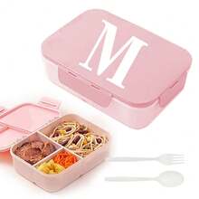Caja de almuerzo de plástico con 3 compartimentos y patrón de 26 letras, de gran capacidad, apta para microondas, contenedor de almacenamiento de alimentos, caja bento portátil con cuchara y tenedor, adecuada para picnic, oficina, aperitivos - Rosa - Ver 13
