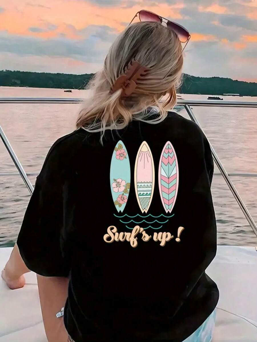 100% Cotton Women's Surf's Up! Floral Surfboard Print Short Sleeve T-Shirt - Black Stretchy Polyester-Spandex Blend, Breathable Round Neck Casual Top For Beach Outings & Summer Vacations, Beach Accessories