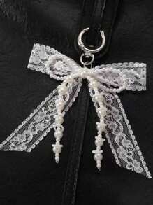 蕾丝蝴蝶结和人造珍珠钥匙扣钱包挂件，1 件套，Y2K 珠子吊坠，可用于包包、鞋子和蝴蝶结装饰。 - 白色 - 查看 4