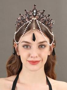 1pc Women's Baroque Tassel Crown, Elegant Pearl Headpiece, Goddess Tiara, Black Vintage Costume Accessory - màu đen - Xem 1