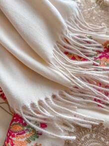 1pc Women's Autumn/Winter Faux Cashmere Embroidered Scarf, Thick Warm Tasseled Embroidered Bohemian Style Travel Shawl Ponchoscarfs - Rice Red - View 3