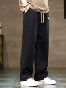 加大码男士抽绳松紧腰弹力牛仔裤，宽松直筒牛仔裤，休闲百搭舒适，四季皆宜 - 黑色 - 查看 3