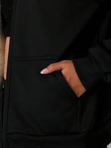 女士连帽长袖简约抓绒休闲上衣，适合日常穿着，冬季款 - 黑色 - 查看 5