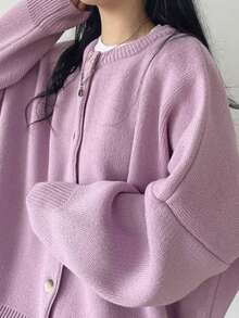 EAVA Gentle Lavender Purple Solid Color Long Sleeve Knit Cardigan, Single-Breasted Regular Length Slightly Elastic Skin-Friendly Women's Cardigan - Mauve Purple - View 7