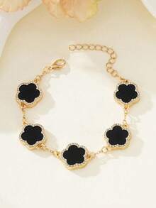 4pcs Glittering Clover Jewelry Set, Diamond Encrusted Black Flower Necklace, Bracelet, Earrings, Casual Everyday Wear, Holiday Gift Accessory - Multicolor - View 5