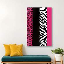 Framed  Chic Pink Zebra & Leopard Print Canvas Wall Art With Solid  – Modern Home Decor For Bedroom, Living Room, Or Classroom – Stylish Vertical De With Black Backgrounds, Living Room Decor