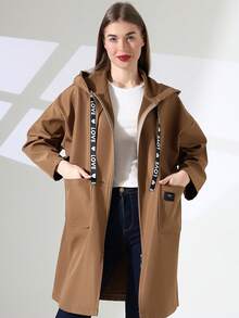 Abrigo casual de mujer de unicolor con bolsillo, botón y cordón - Óxido marrón - Ver 1
