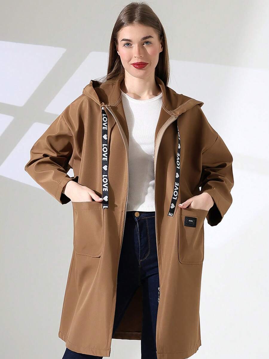 Abrigo casual de mujer de unicolor con bolsillo, botón y cordón - Óxido marrón - Ver 1