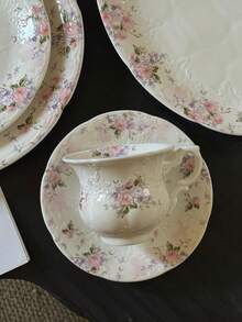 1pc Pink Rose Ceramic Coffee Cup & Saucer Set, French Romantic Floral Relief Teacup & Plate Set, Floral Western Dessert Plate, Home Decor Serving Dish, Suitable For Restaurant, Garden Afternoon Tea, Cafe, Candlelight Dinner, Housewarming, Holiday Gift, Couple Date Tableware - Multicolor - View 8