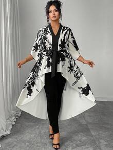 Áo sơ mi công sở thanh lịch, cỡ lớn, in hoa, cổ chữ V, ngắn phía trước, dài phía sau, thích hợp cho mùa hè. - Đen và trắng - Xem 3