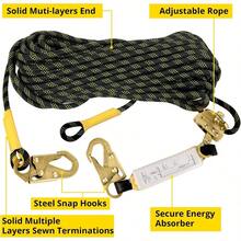 Rope Harness Safety Lanyard50ft Vertical Roofing Rope With Grab Snap Hooks Shock Absorber Fall Protection Tree Climbing Line Kit Heavy Duty Roof Safety Equipment ANSI CE