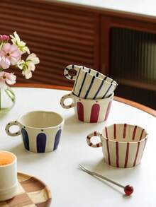 1 件简约条纹格纹陶瓷杯，早餐牛奶燕麦杯，家用下午茶咖啡杯，果汁饮料杯，情侣水杯，送给家人和朋友的节日礼物杯 - 彩色 - 查看 1