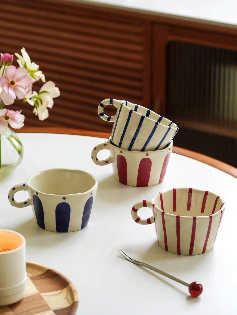 1 件简约条纹格纹陶瓷杯，早餐牛奶燕麦杯，家用下午茶咖啡杯，果汁饮料杯，情侣水杯，送给家人和朋友的节日礼物杯 - 彩色 - 查看 1