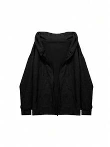 Solid Drop Shoulder Oversized Hoodie,Long Sleeve Tops - Black - View 7
