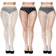 3 Pair Plus Size Fishnets Stockings Glitter Sparkly Tights High Waist Black Fishnet Pantyhose Women, Style NJXP - 白色 - 查看 1