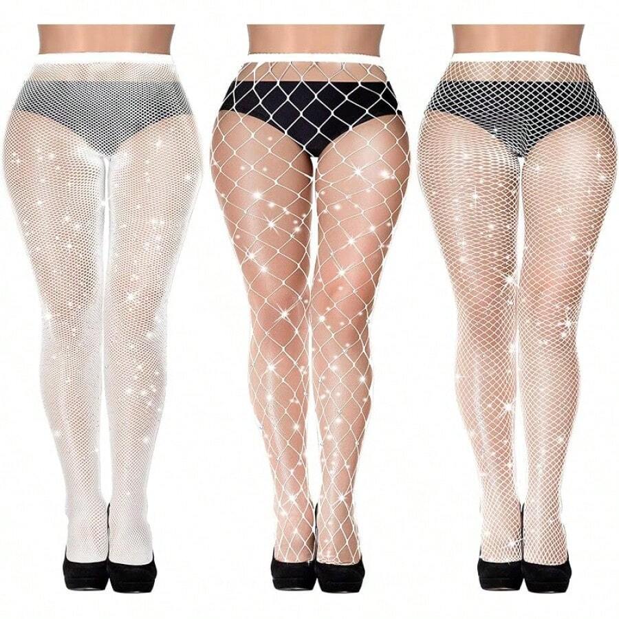 3 Pair Plus Size Fishnets Stockings Glitter Sparkly Tights High Waist Black Fishnet Pantyhose Women, Style NJXP - 白色 - 查看 1
