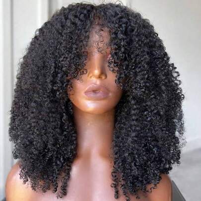 Full 250% Density Afro Kinky Curly Human Hair Wig With Bang Brazilian Virgin Afro Coily Wigs Bangs For Women Machine Scalp Top Wig Glueless 8 Inch
