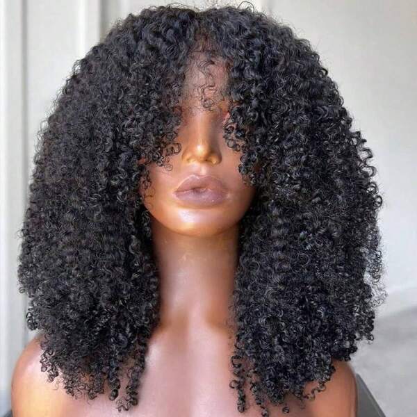 Full 250% Density Afro Kinky Curly Human Hair Wig With Bang Brazilian Virgin Afro Coily Wigs Bangs For Women Machine Scalp Top Wig Glueless 8 Inch