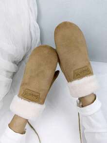 2pcs Women's Suede Fleece Gloves, Warm Windproof Touchscreen Gloves For Driving & Cycling In Autumn/Winter - Khaki - View 3