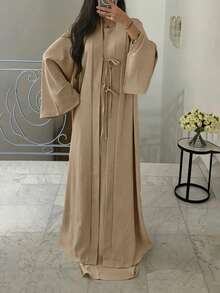 ANCHOSE Conjunto de 2 piezas de vestido largo sin mangas elegante de estilo de Oriente Medio y cárdigan largo con moño para mujer