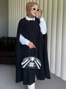 Poncho tip pelerină rezistentă la vânt din cașmir cu detalii și nasturi, culoare uni, casual elegant, poncho tip pelerină rezistentă la vânt din cașmir cu detalii și nasturi în față, ținută formală de seară - Negru - Vizualizare 10