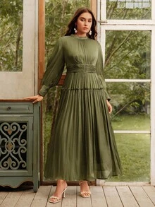 Anewsta Vestido de Manga Longa Plus Size Feminino com Cintura Franzida, Gola Alta, Design de Manga Bufante, Vestido de Gala - Verde Oliva - Visão 5