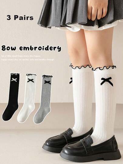 1 双/3 双儿童秋冬及膝袜，黑白灰色蝴蝶结装饰，校园风格女童蕾丝边长袜