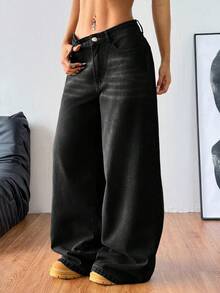 Teen Girls' Black Pocketed Wide Leg Loose Casual Versatile Jeans - Black - View 6