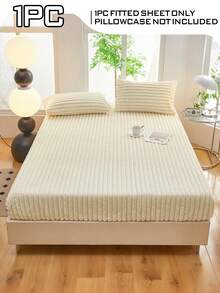 1pc Striped Fleece Thickened Warm Fitted Sheet Fitted Sheet Set, Plush Mattress Protector Cover, Luxury Ultra Soft And Cozy Fabric For Bedroom, Dorm, Guest Room Suitable For Fall Winter And Spring Fits Twin Full King Queen Size Bed