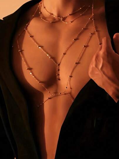 2pcs Men's Fashion Multi-Layer Necklace And Chest Chain Set, Unisex Jewelry, Men's Sexy Lingerie Accessories, Suitable For Party, Cosplay