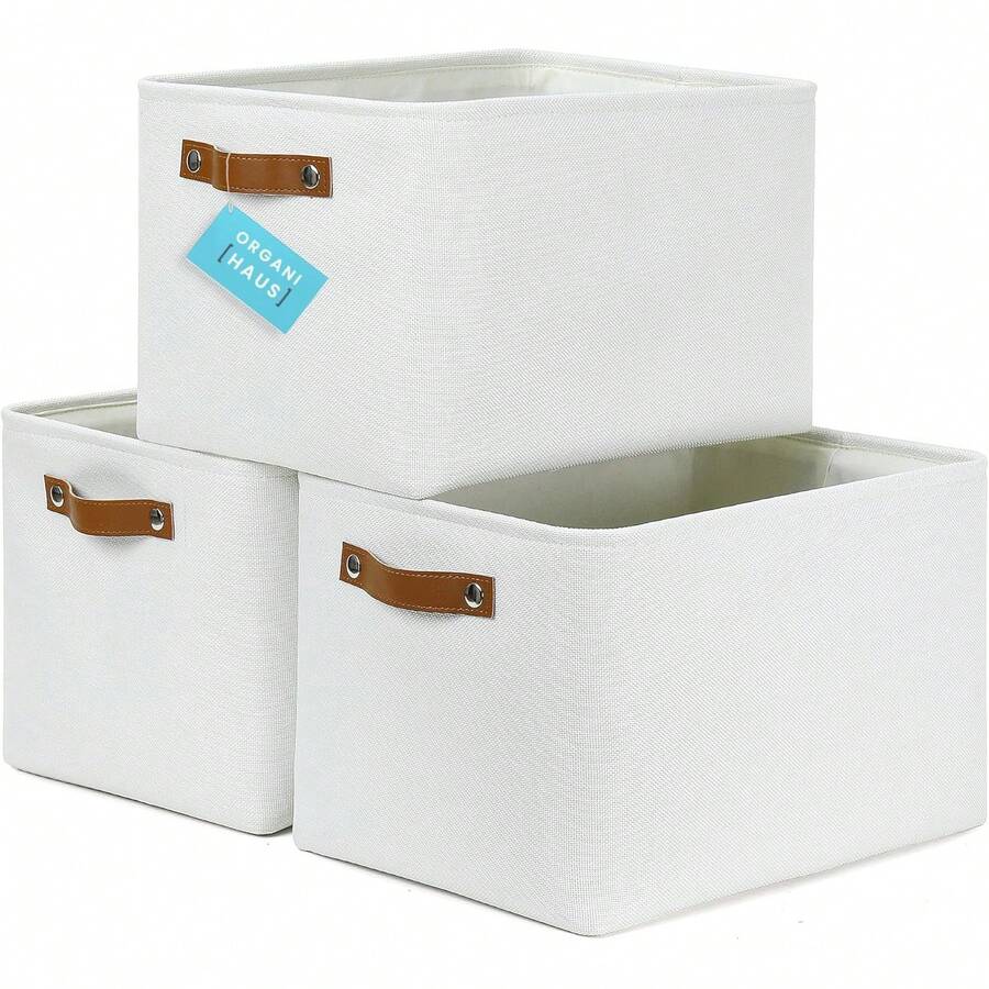 OrganiHaus Fabric Storage Bins Shelves 15x11 Inches 3 Pack, Decorative Closet Baskets With Handles, Large Cube Storage Bins Clothes, Toys, Nursery & Home Organization - - White Striped Brown - View 1