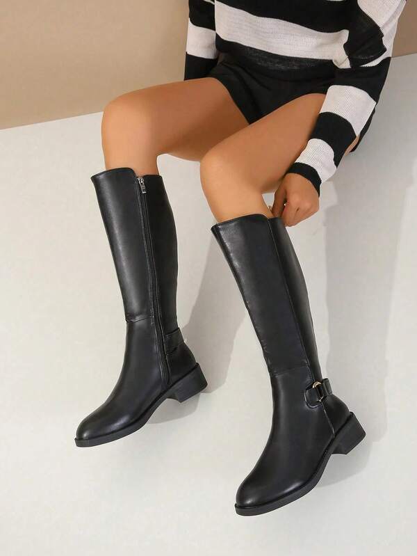 2025 Autumn/Winter New Fashion Women's Pointed Toe Mid-Calf Boots With Side Zipper, Belt Buckle Decor, Chunky Heel, Stylish Black Knee-High Boots
