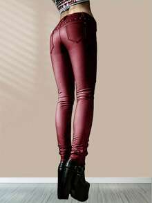 Red PU Leather Women's Skinny Pants Long With Button Pocket Zipper Details Plain Pattern Non-Stretch Fabric For Casual And Party Style - 紅色 - 查看 4