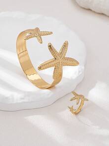 1 Set Minimalist Geometric Line Adjustable Bangle & Ring Set, Fashion Jewelry For Women