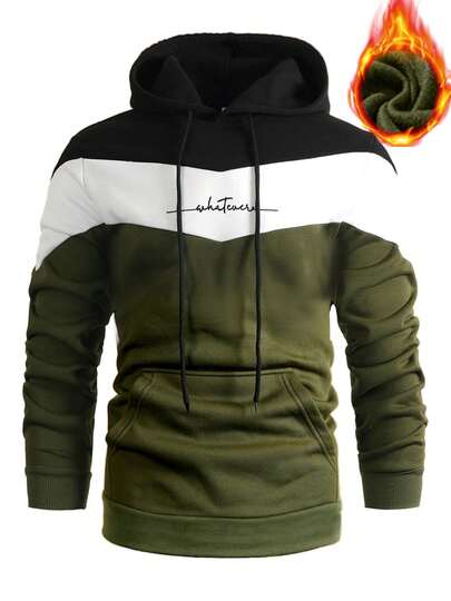 Męska bluza z kapturem, nadrukiem w kontrastowym kolorze, długim rękawem, termiczną podszewką i ściągaczem