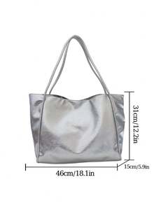 时尚纯色褶皱纹理设计女士手提包，休闲百搭夏季新款单肩包，校园风学生单肩包，适合大学生日常通勤和购物，轻便大容量学生手提包 - 銀色 - 查看 6
