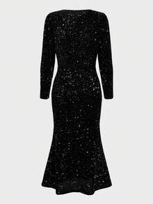 优雅晚礼服，正式聚会，圣诞节，新年，亮片高端奢华优雅长袖连衣裙，黑色，春季款 - 黑色 - 查看 8