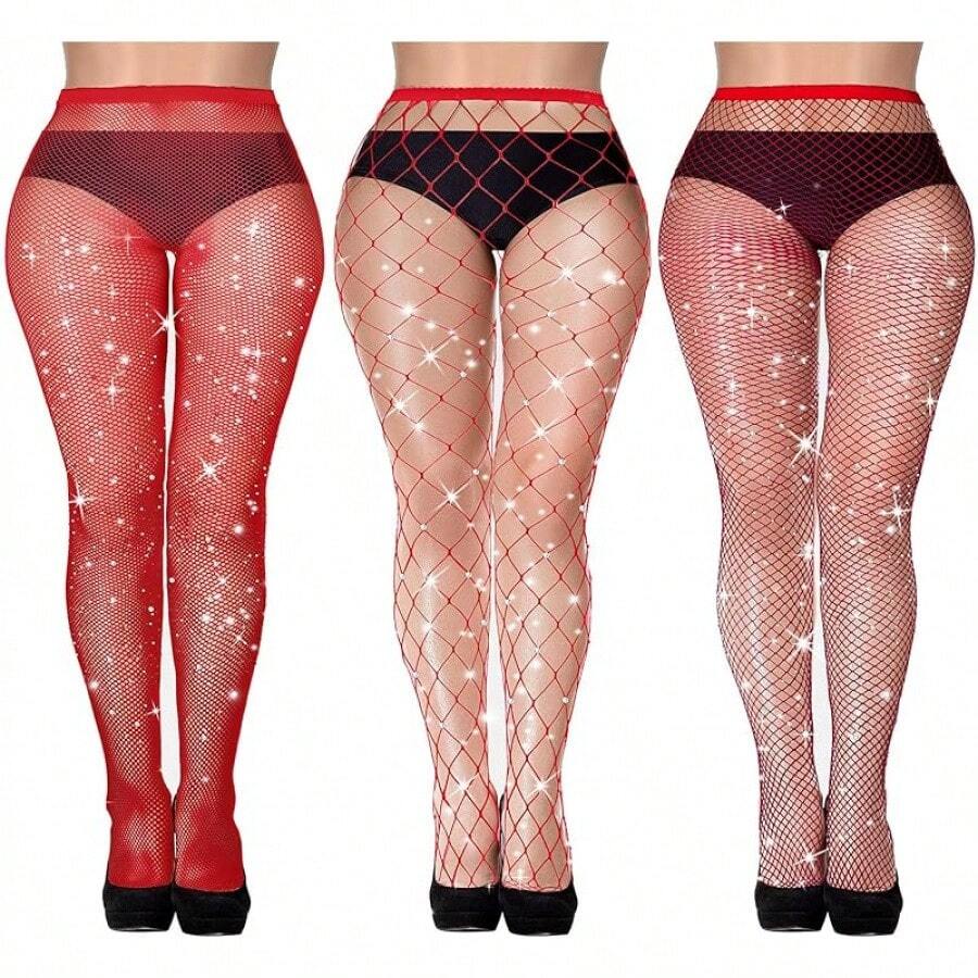 3 Pair Plus Size Fishnets Stockings Glitter Sparkly Tights High Waist Black Fishnet Pantyhose Women, Style NJXP - Đỏ - Xem 1