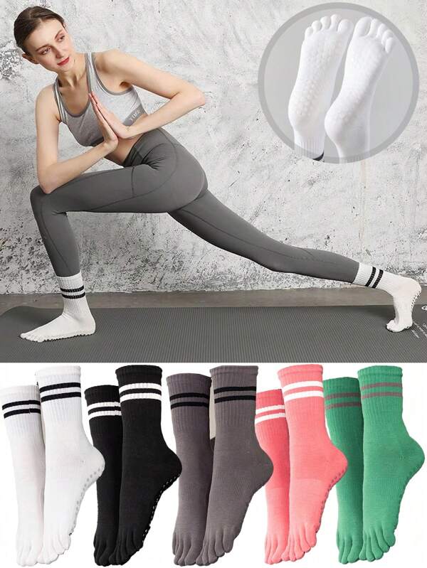 Autumn/Winter Five Finger Toe Socks Mid-Calf Yoga Socks, Anti-Slip For Pilates Yoga Sports Fitness, Comfortable, Soft, Silicone Dotted Non-Slip, Compression Socks For Indoor And Outdoor