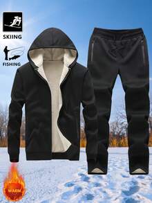 1 Conjunto Terno Esportivo com Forro de Fleece com Capuz para Homens, Outono/Inverno, Conjunto de 2 Peças À Prova de Vento para Ciclismo, Caminhada, Pesca ao Ar Livre