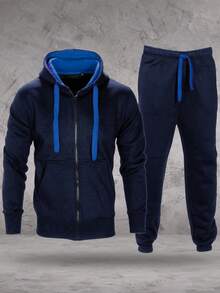 LoveMyFashions Men's 2pcs Set Tracksuit Full Sleeve Solid Color Drawstring Waist Zip Up Hoodie & Sweatpants Two Pieces Set With Pockets - Navy/Blue - View 4