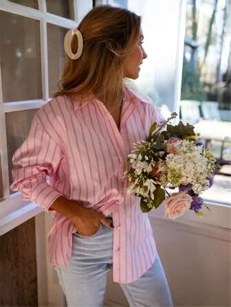 Pink Striped Long Sleeve Shirt Summer For Women