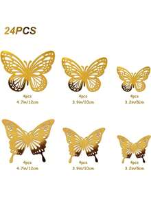 24件金色蝴蝶装饰套装，2种款式，3种尺寸，3D蝴蝶贴纸，纸杯蛋糕装饰，金色纸质蝴蝶贴纸，适用于生日、婴儿派对、儿童房、女孩房装饰、贴纸、墙贴、乙烯基贴纸、家居装饰、春季装饰、Rama装饰礼品、毕业典礼、万圣节、圣诞节节日礼物、生日餐桌中心装饰、卧室墙面装饰 - 金色 - 查看 13