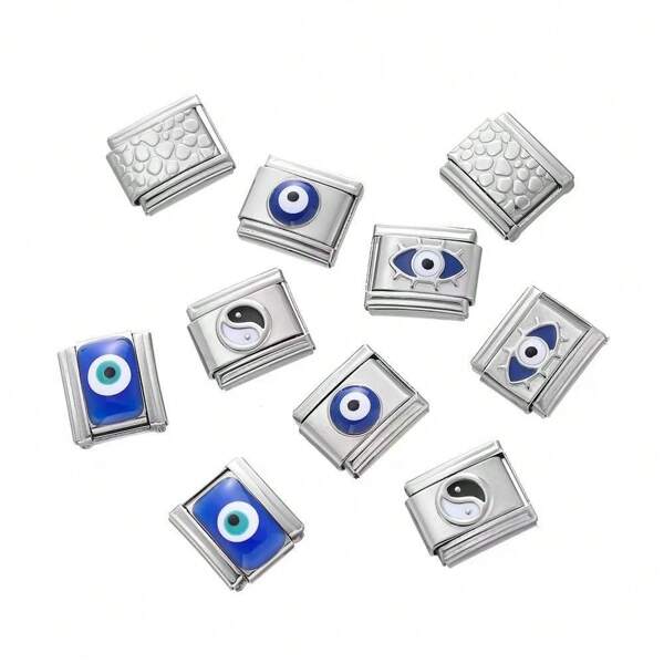 1/5 pièces Bracelet modulaire carré en acier inoxydable de 9*10 mm avec motif œil, incrusté, durable et ne se détachant pas. Accessoires de DIY pour bracelets, fournitures créatives pour la fabrication de bijoux