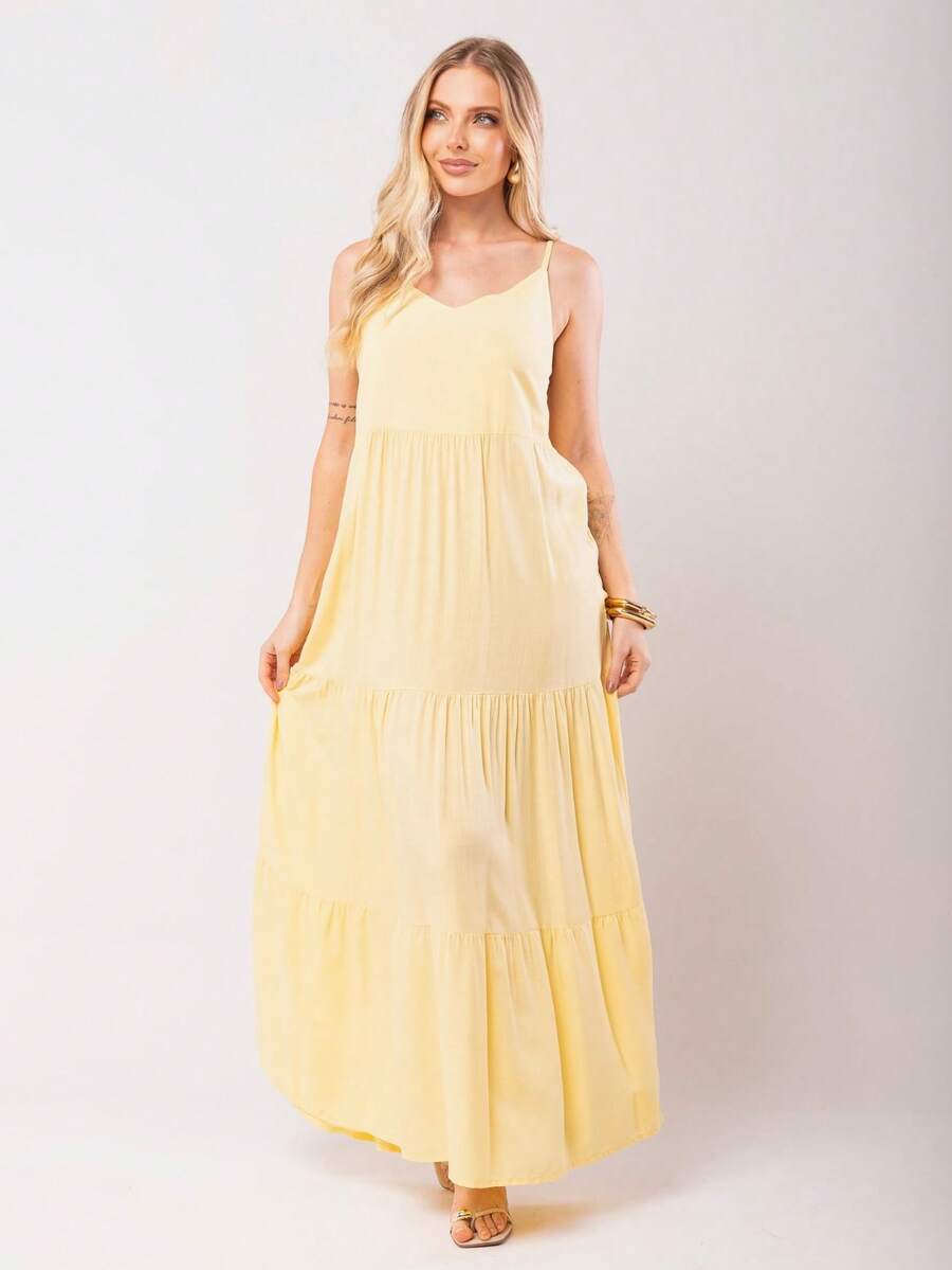Women's Long Viscose Dress With Adjustable Straps - 黃色 - 查看 1