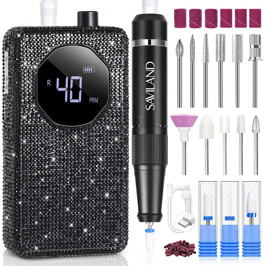 SAVILAND Advanced 30S Quick Removal Electric Nail Drill: 40000 RPM Nail Drill Professional Portable Drill For Nails 4000mAh Low Noise Nail File Electric Nail Tech For Hard Gel Salon Black Rhinestones - màu đen - Xem 1