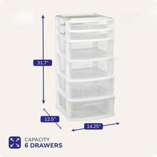 HOMZ Drawer Tower, 6-Tier Clear Plastic Storage Organizer Cart, White Frame - Heavy-Duty Organizing Drawers For Home, Bedroom, And Closet Organization
