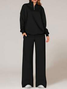 Womens Casual 2 Piece Sets Fall Outfits Quarter Zip Sweatshirts Straight Leg Pants Sweatsuits Tracksuit Valentine Vacation Spring Clothes For Women - Black - View 4