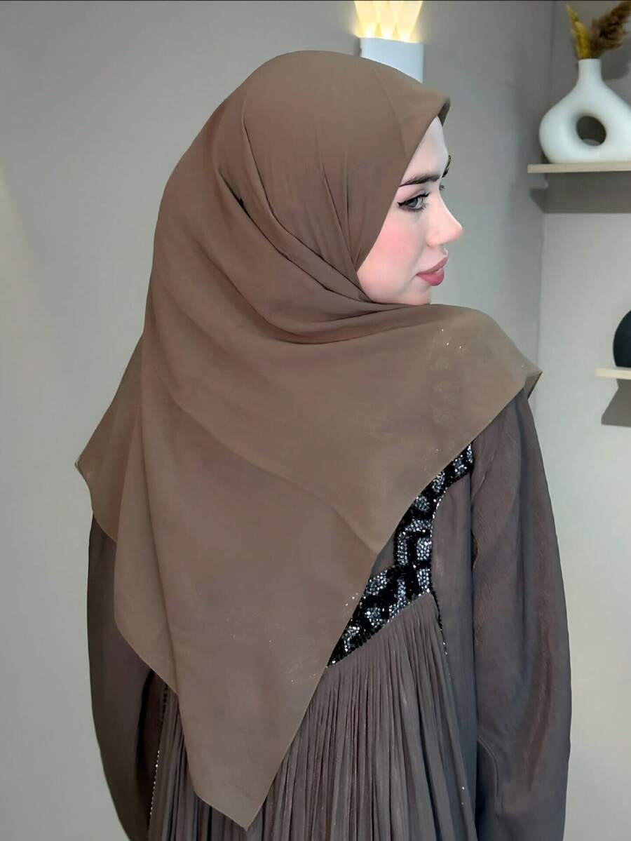 1pc Women's Solid Color Chiffon Square Scarf, Casual Shawl Suitable For Daily Use, 110*110cm For Dress - Camel - View 1