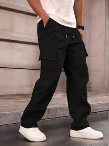 1 件男士多口袋工装裤，宽松版型，白色标签装饰，适合海滩、日常通勤、运动、户外的休闲裤，宽松直筒裤，时尚街头服饰，送给男朋友/丈夫的礼物，纪念礼物 - 黑色 - 查看 4